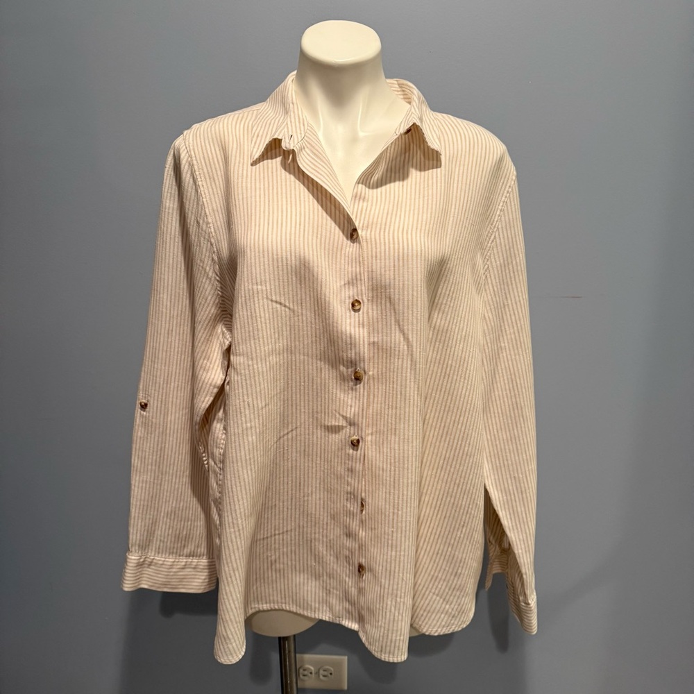 Chico’s No Iron Linen Button-Front Shirt – Size 3.5 (US 18) – Tan & Cream Stripe